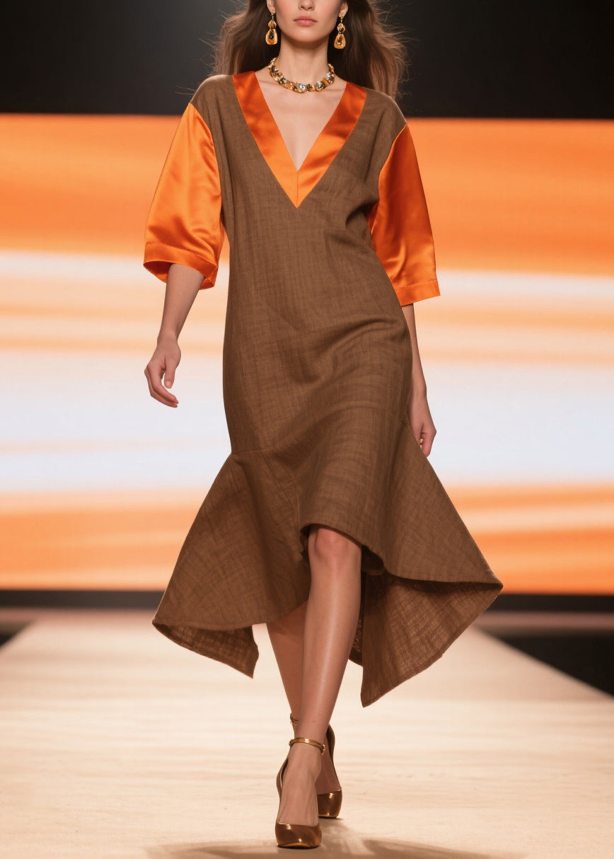 French Chocolate V Neck Patchwork Linen Silk Robe Dresses Summer