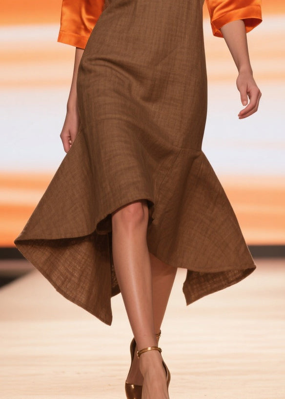 French Chocolate V Neck Patchwork Linen Silk Robe Dresses Summer