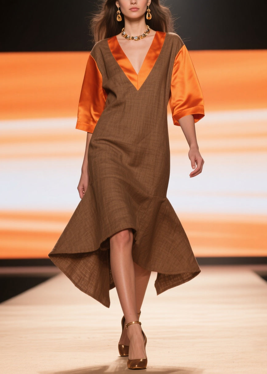 French Chocolate V Neck Patchwork Linen Silk Robe Dresses Summer