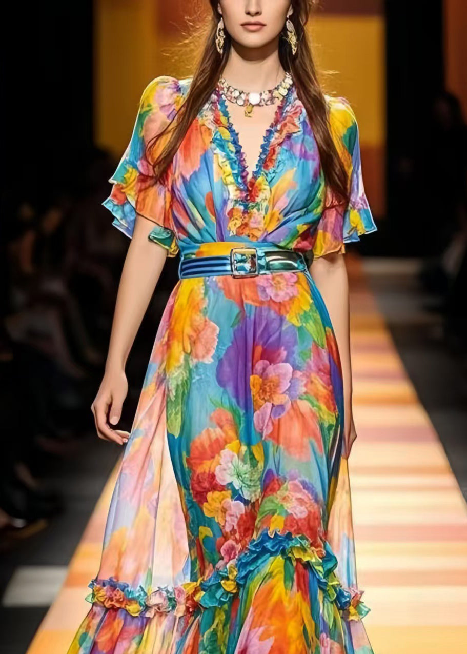 French Cinched Ruffled Print Chiffon Vestidos Dress Summer