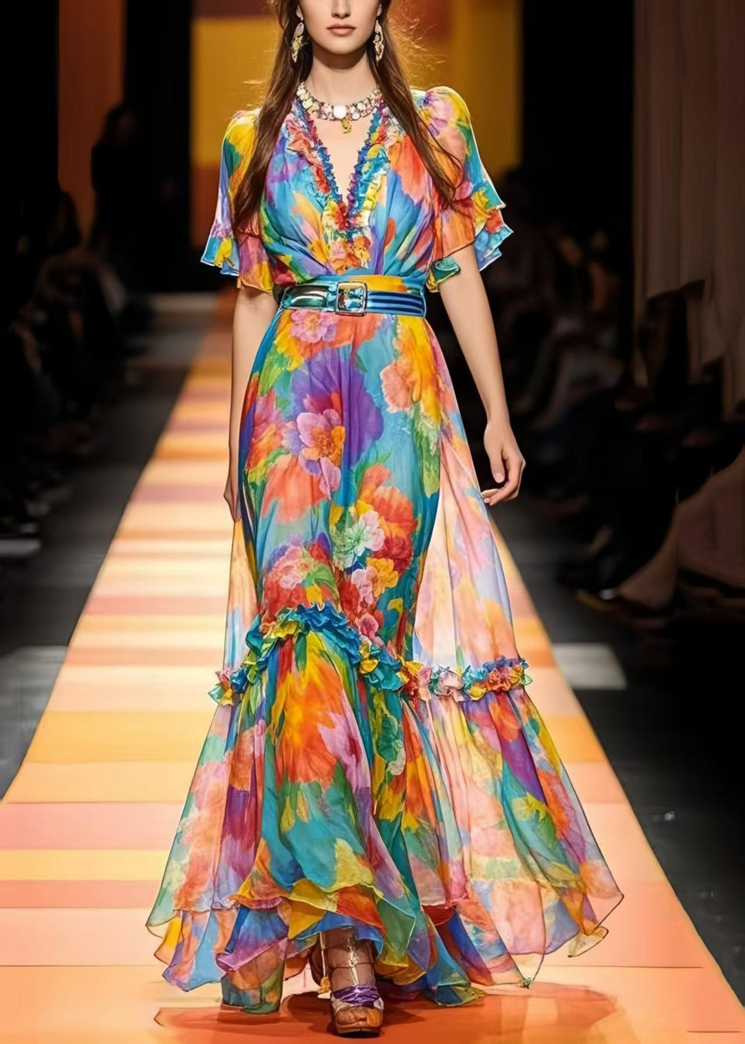 French Cinched Ruffled Print Chiffon Vestidos Dress Summer