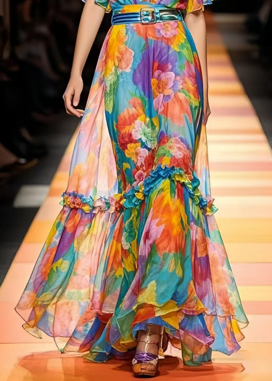 French Cinched Ruffled Print Chiffon Vestidos Dress Summer