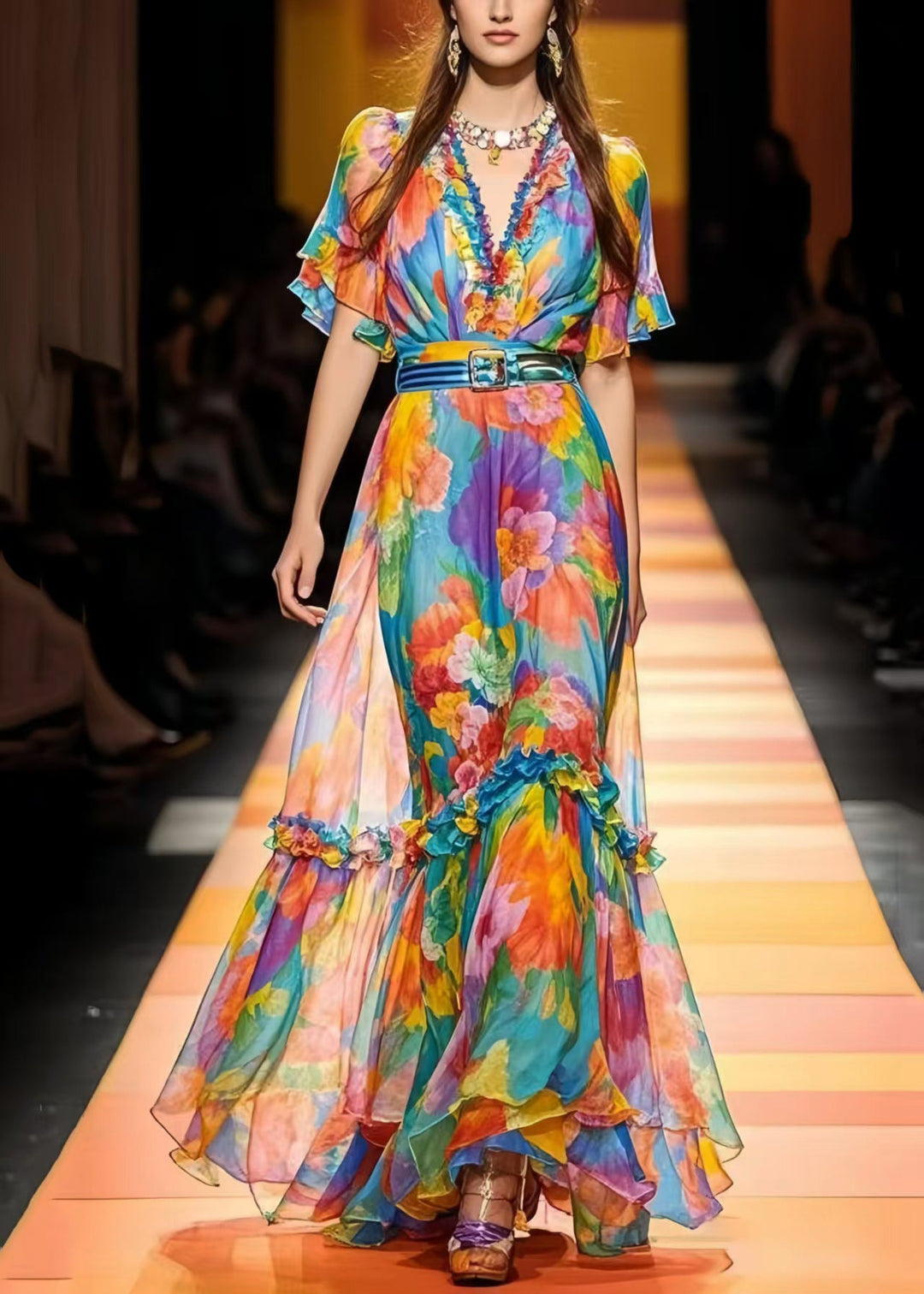 French Cinched Ruffled Print Chiffon Vestidos Dress Summer