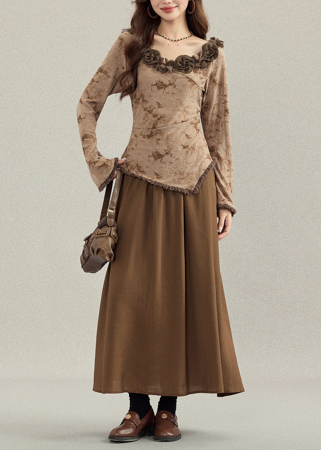 French Coffee Asymmetrical Floral Cotton Women Sets 2 Pieces Fall