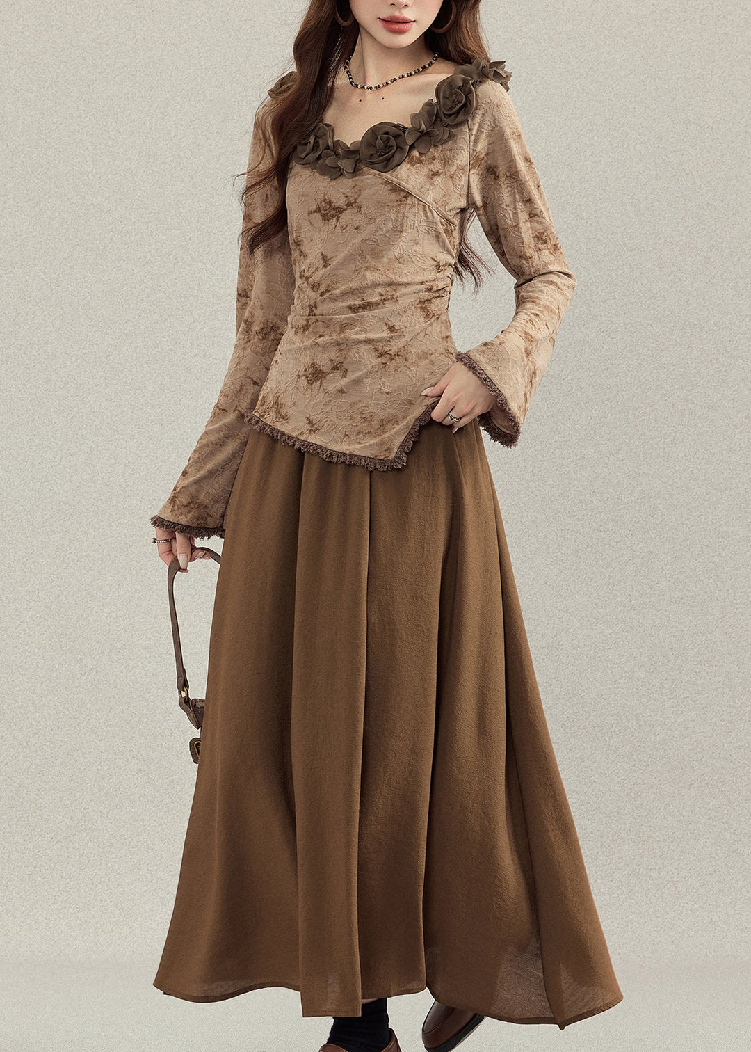 French Coffee Asymmetrical Floral Cotton Women Sets 2 Pieces Fall