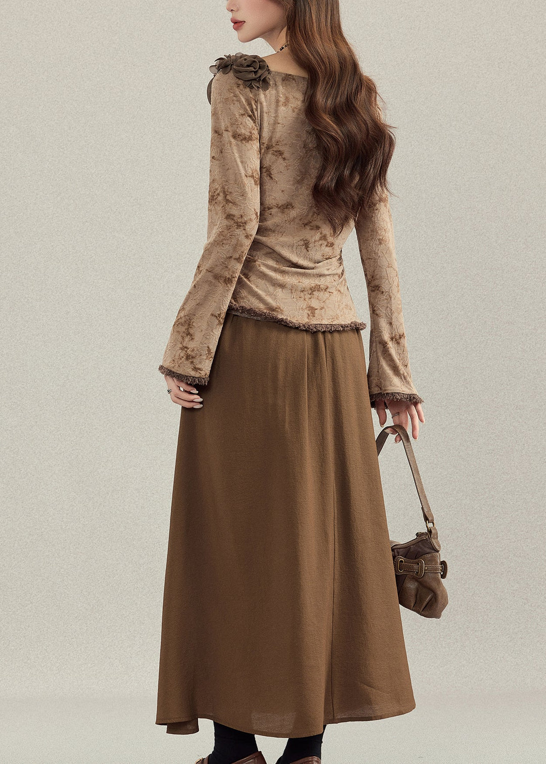 French Coffee Asymmetrical Floral Cotton Women Sets 2 Pieces Fall