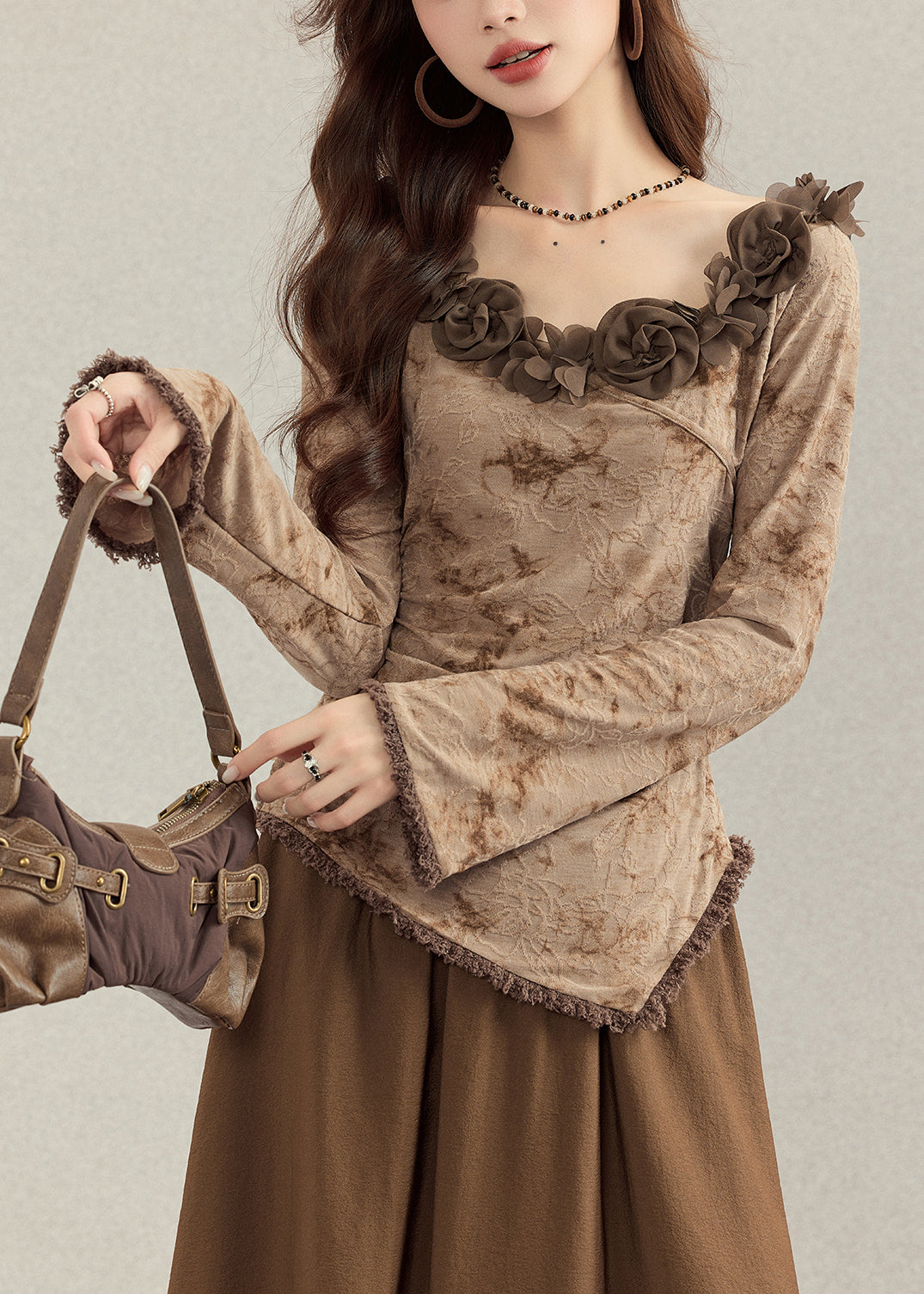 French Coffee Asymmetrical Floral Cotton Women Sets 2 Pieces Fall