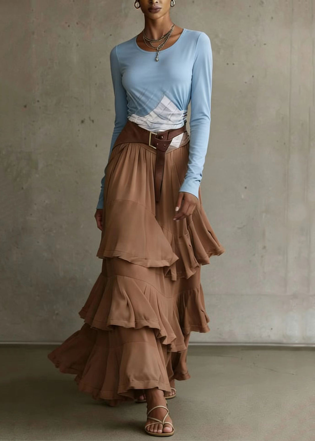 French Coffee Asymmetrical Ruffled Patchwork Chiffon Skirt Spring