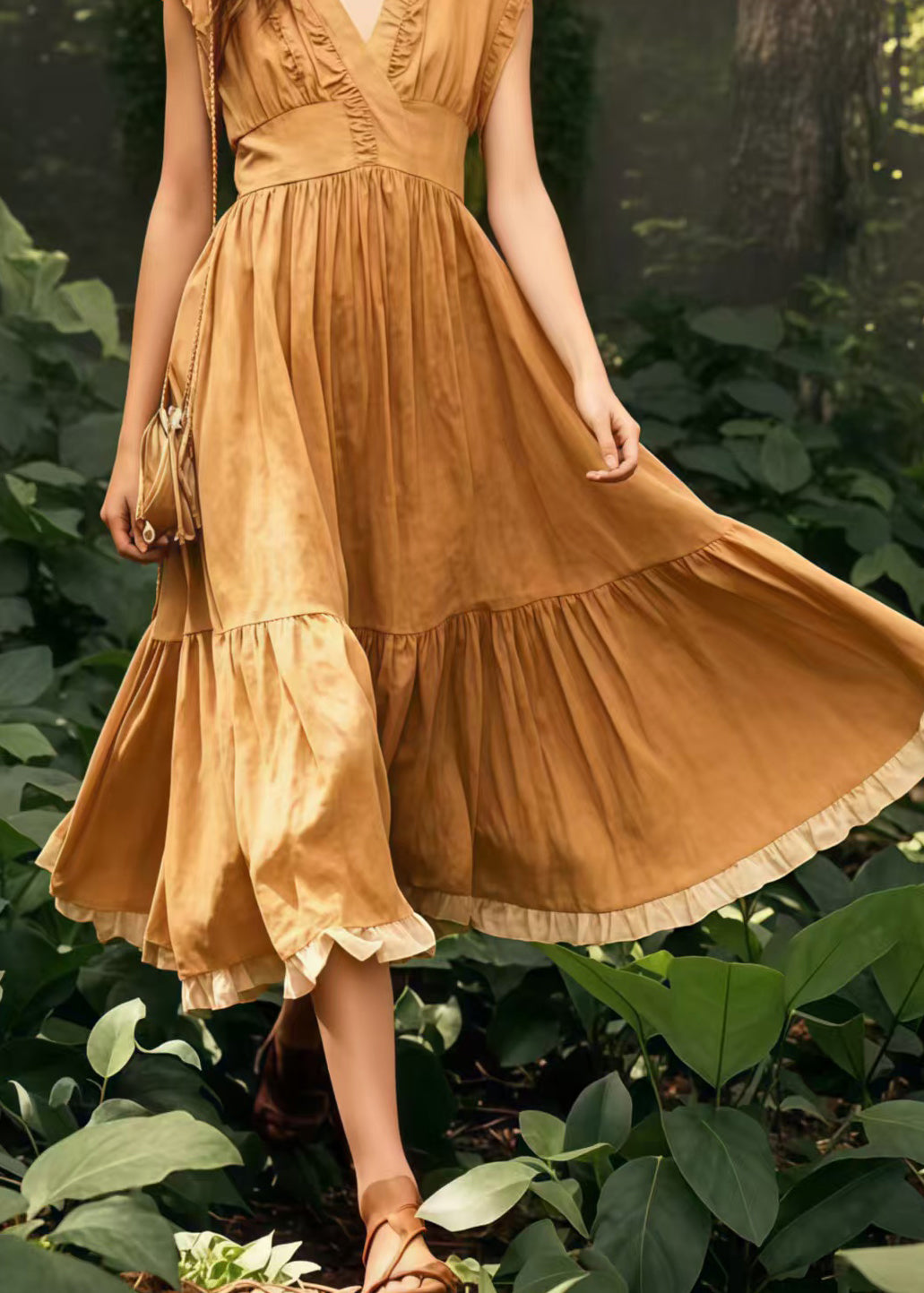 French Coffee Exra Large Hem Wrinkled Cotton Dresses Sleeveless