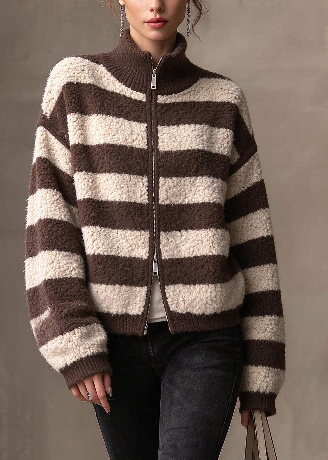 French Coffee Hign Neck Zippered Woolen Knitted Jacket Winter