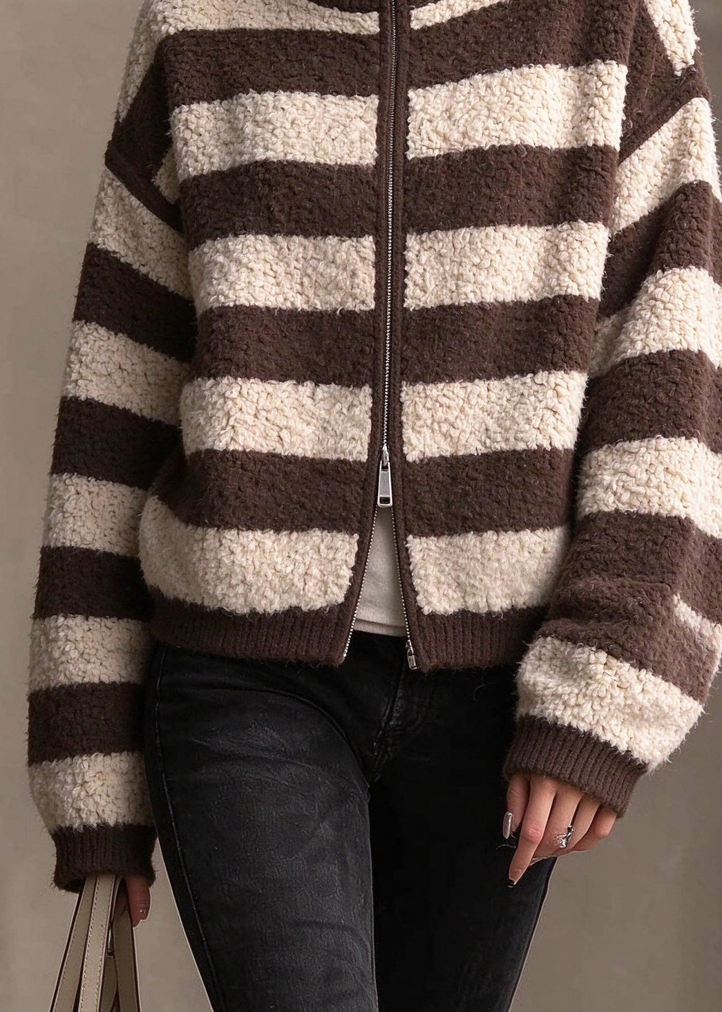 French Coffee Hign Neck Zippered Woolen Knitted Jacket Winter