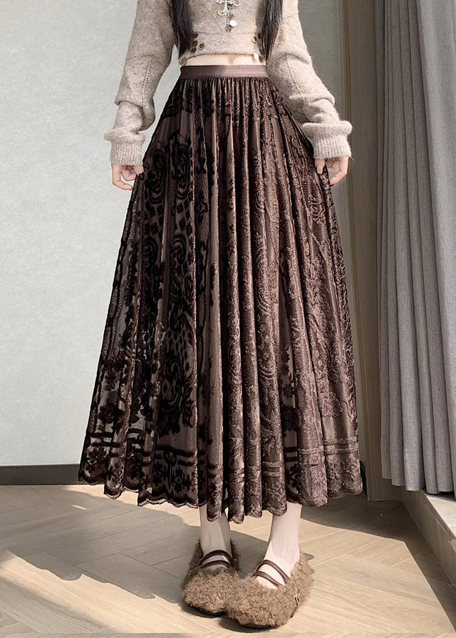 French Coffee Lace Elastic Waist Silk Velvet Skirts Winter