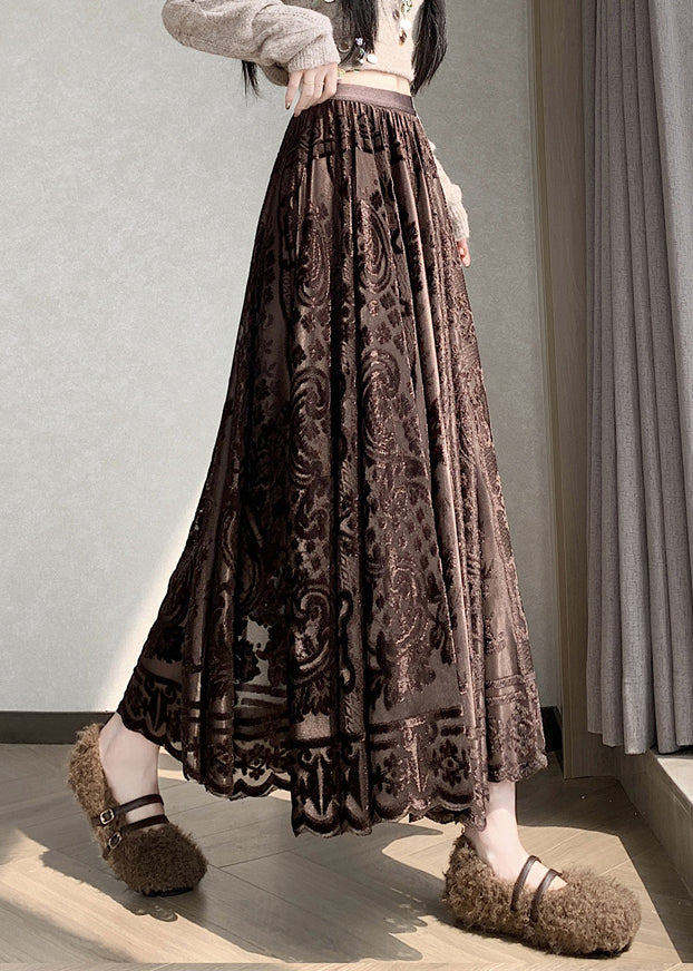 French Coffee Lace Elastic Waist Silk Velvet Skirts Winter