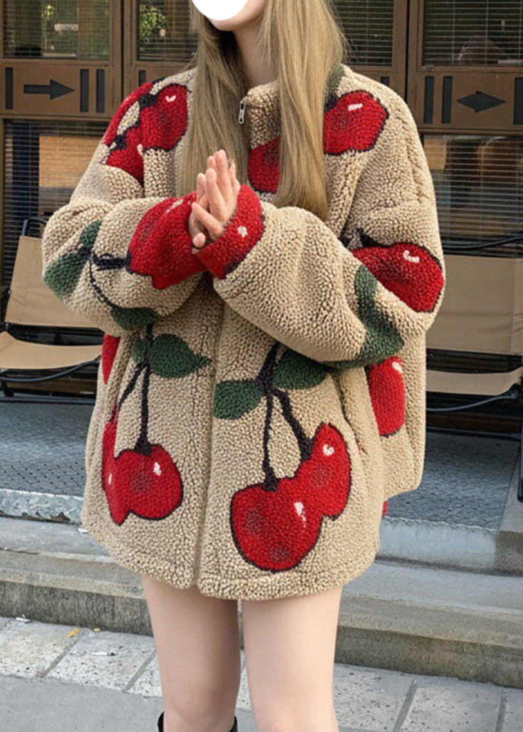 French Coffee Oversized Cherry Print Teddy Coats Winter