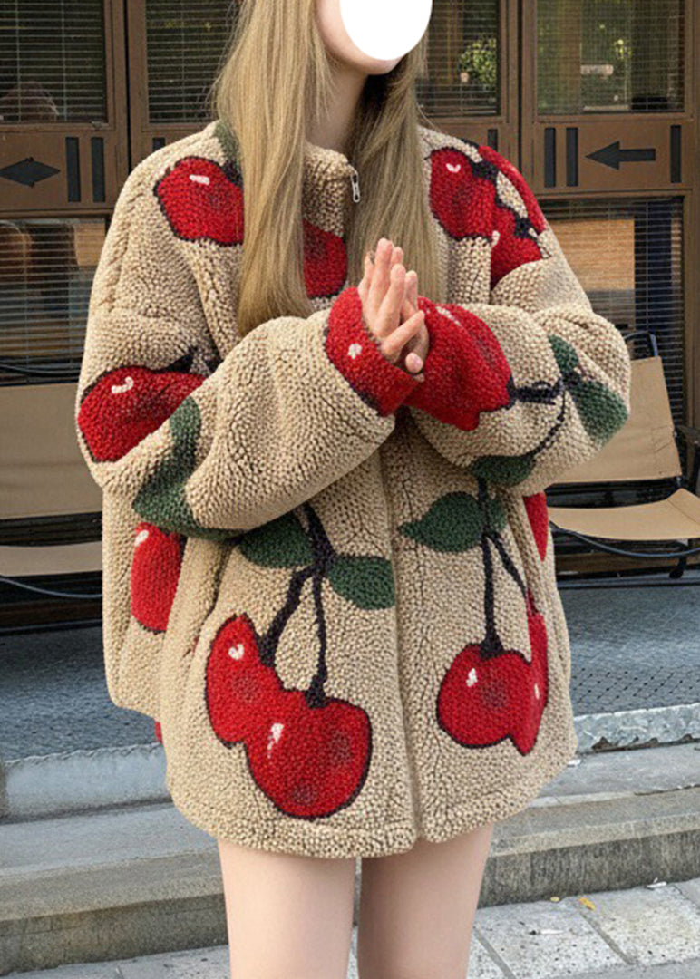 French Coffee Oversized Cherry Print Teddy Coats Winter
