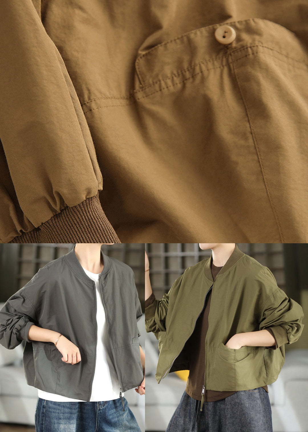 French Coffee Oversized Pockets Cotton Jackets Fall