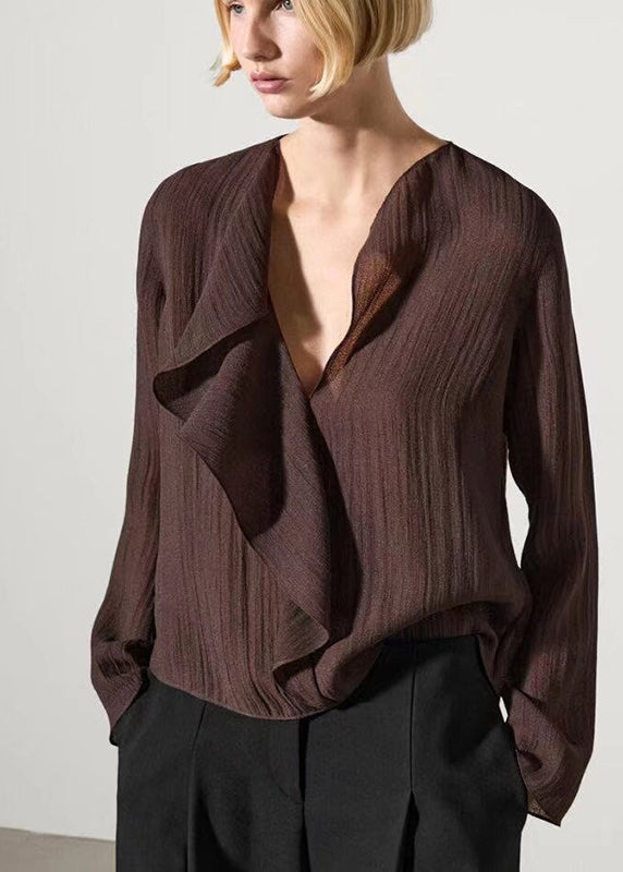 French Coffee Ruffled Patchwork Solid Shirts Fall