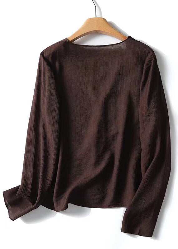 French Coffee Ruffled Patchwork Solid Shirts Fall