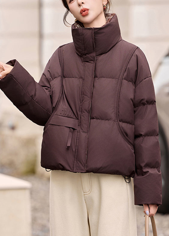 French Coffee Stand Collar Patchwork Plaid Duck Down Jacket Winter