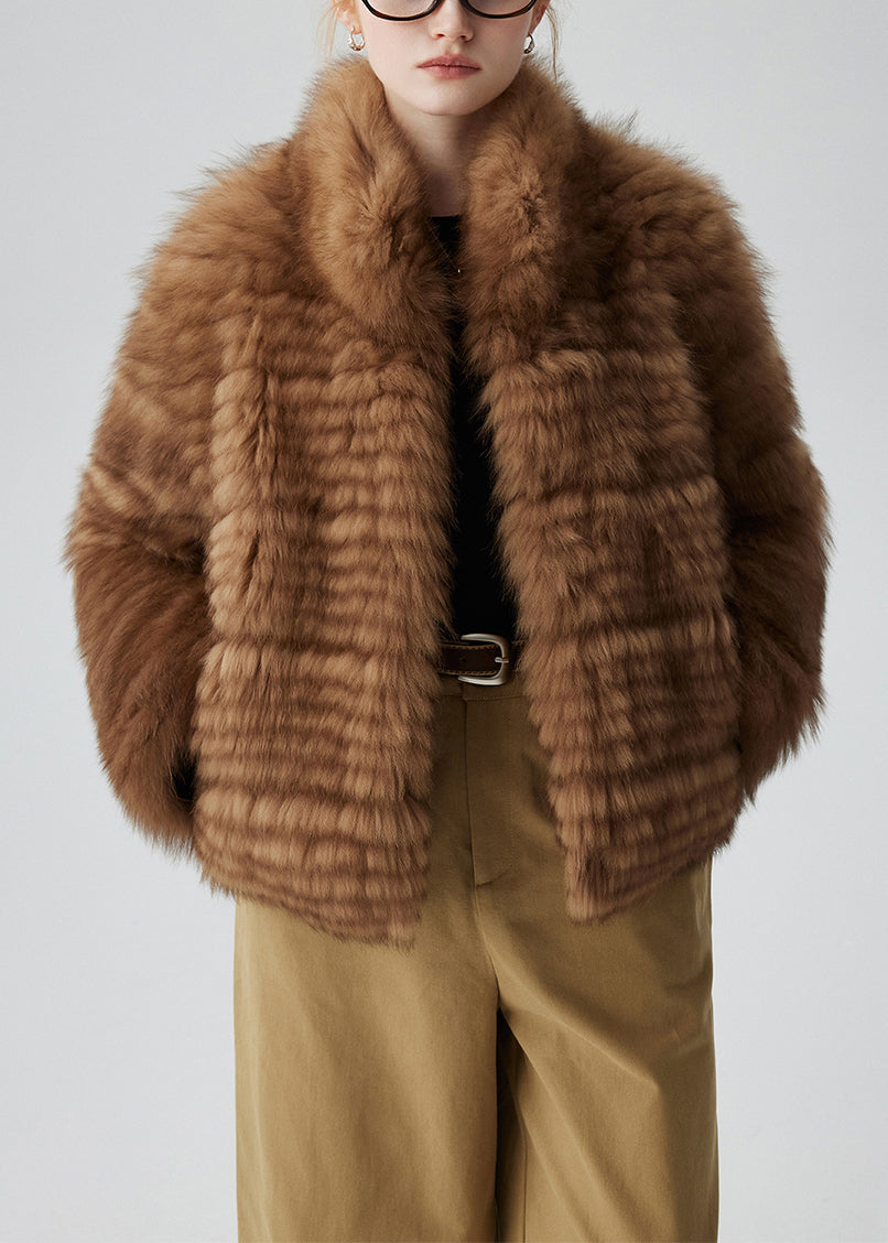 French Coffee Stand Collar Pockets Leather And Fur Coats Winter