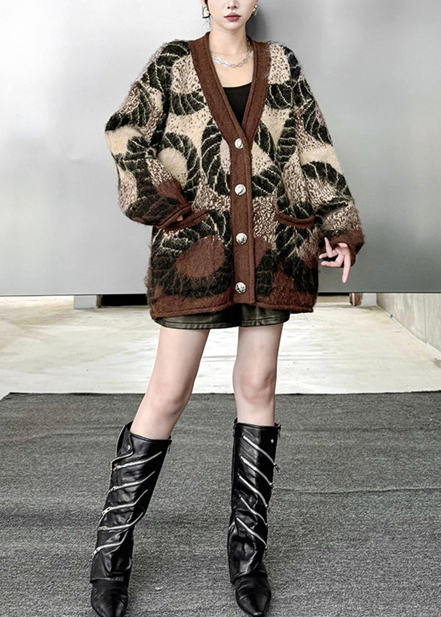 French Coffee V Neck Jacquard Pockets Knit Cardigan Fall