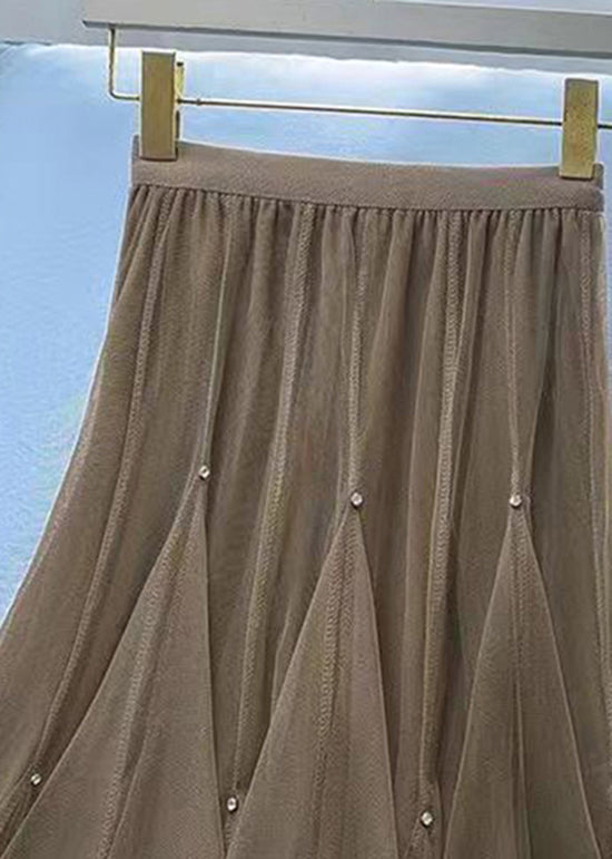 French Coffee Wrinkled Elastic Waist Tulle Skirts Spring