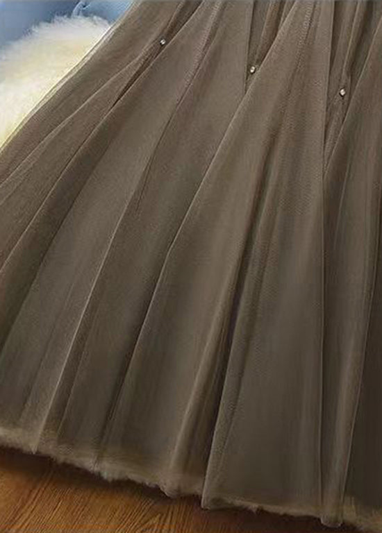 French Coffee Wrinkled Elastic Waist Tulle Skirts Spring