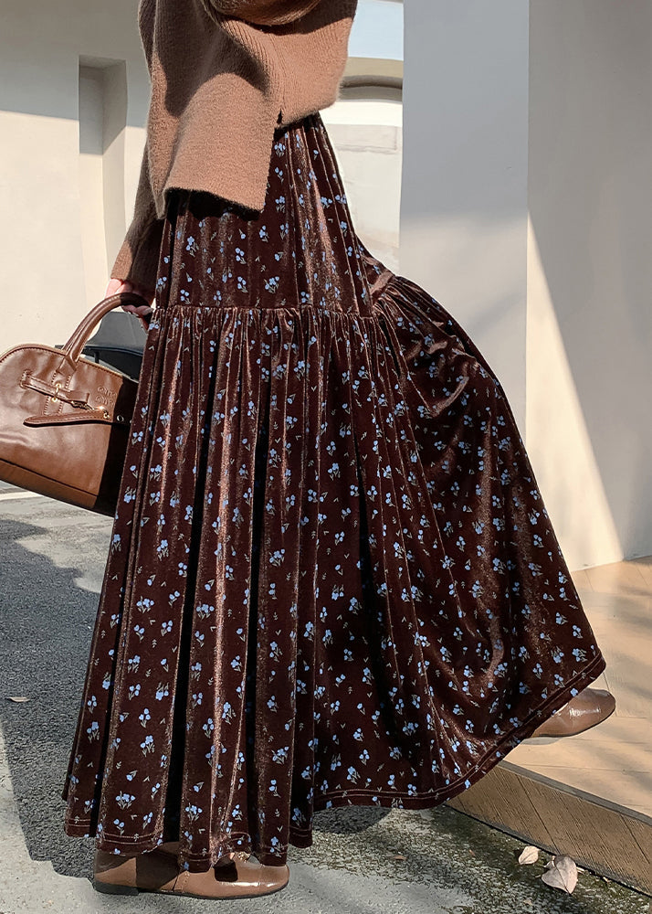 French Coffee Wrinkled Elastic Waist Velvet Skirts Winter