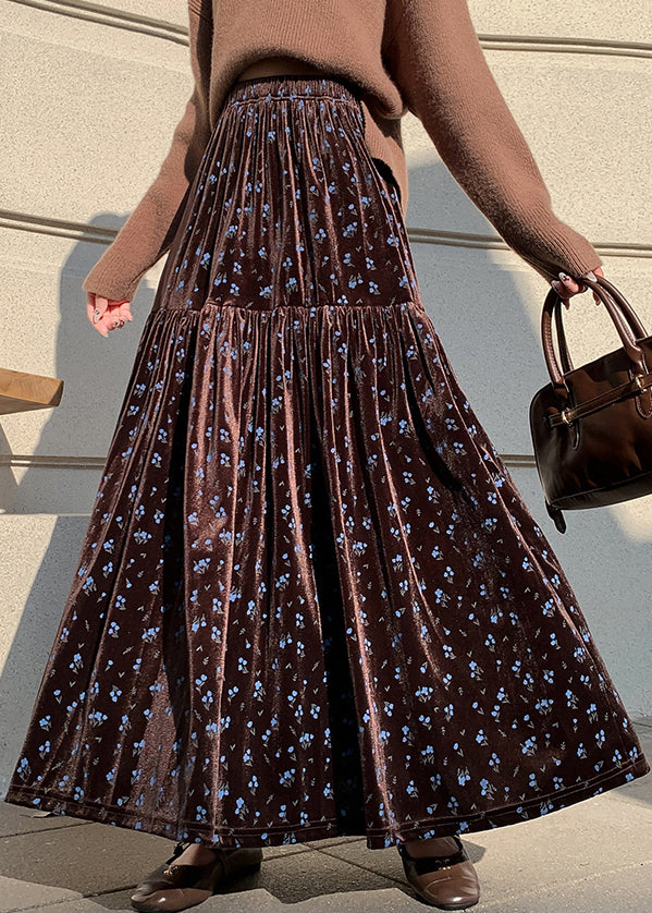 French Coffee Wrinkled Elastic Waist Velvet Skirts Winter