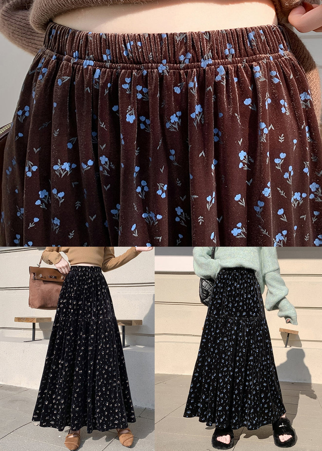 French Coffee Wrinkled Elastic Waist Velvet Skirts Winter
