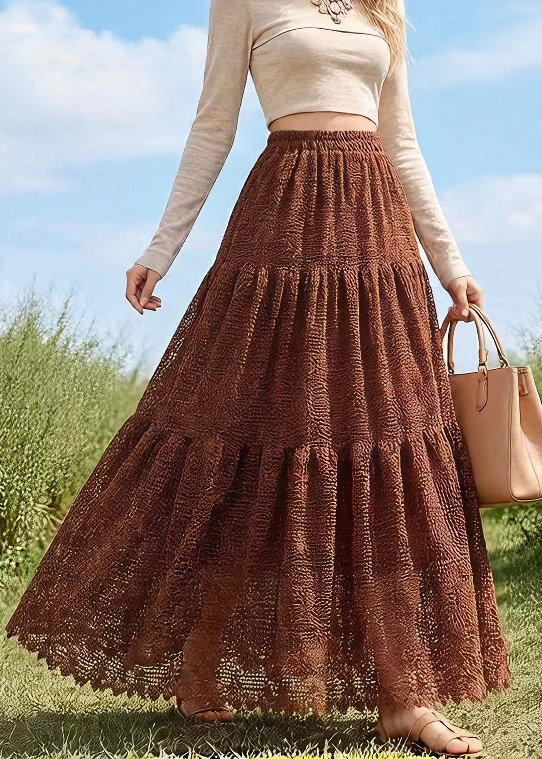 French Coffee Wrinkled Patchwork Hollow Out Lace Skirts Spring