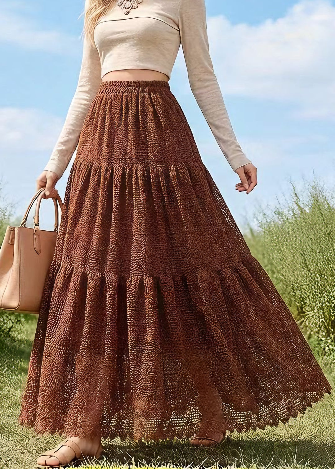 French Coffee Wrinkled Patchwork Hollow Out Lace Skirts Spring