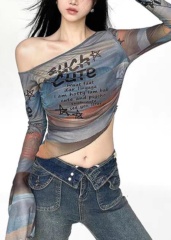 French Cold Shoulder Print Tulle T Shirt Top Flare Sleeve