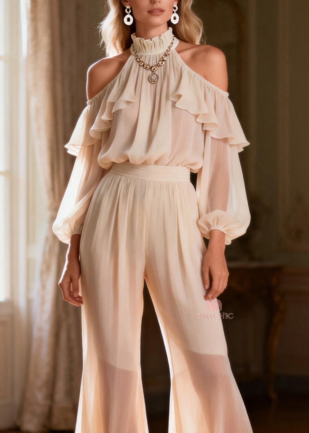 French Cold Shoulder Ruffled Patchwork Silk Two Pieces Set Spring