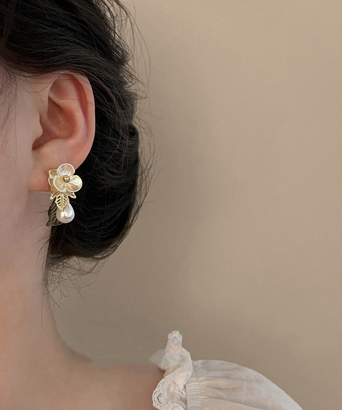 French Colorblock Acrylic Alloy Pearl Floral Water Droplet Stud Earrings