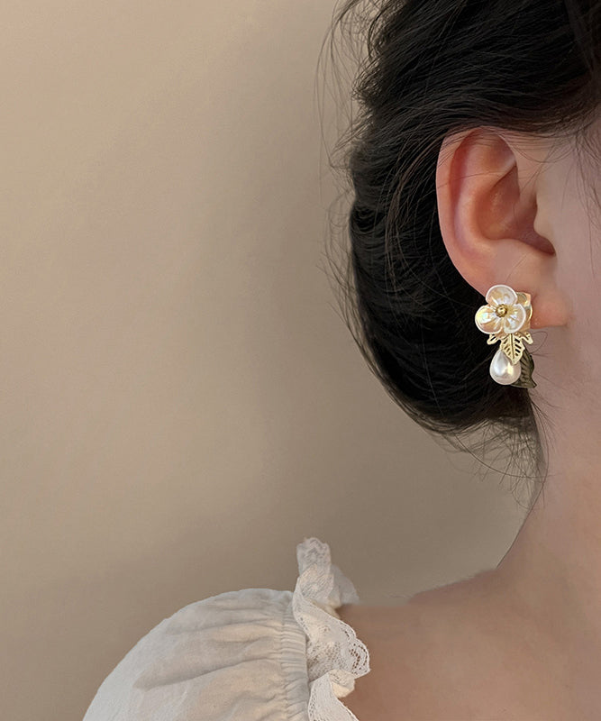 French Colorblock Acrylic Alloy Pearl Floral Water Droplet Stud Earrings
