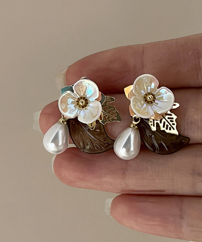 French Colorblock Acrylic Alloy Pearl Floral Water Droplet Stud Earrings