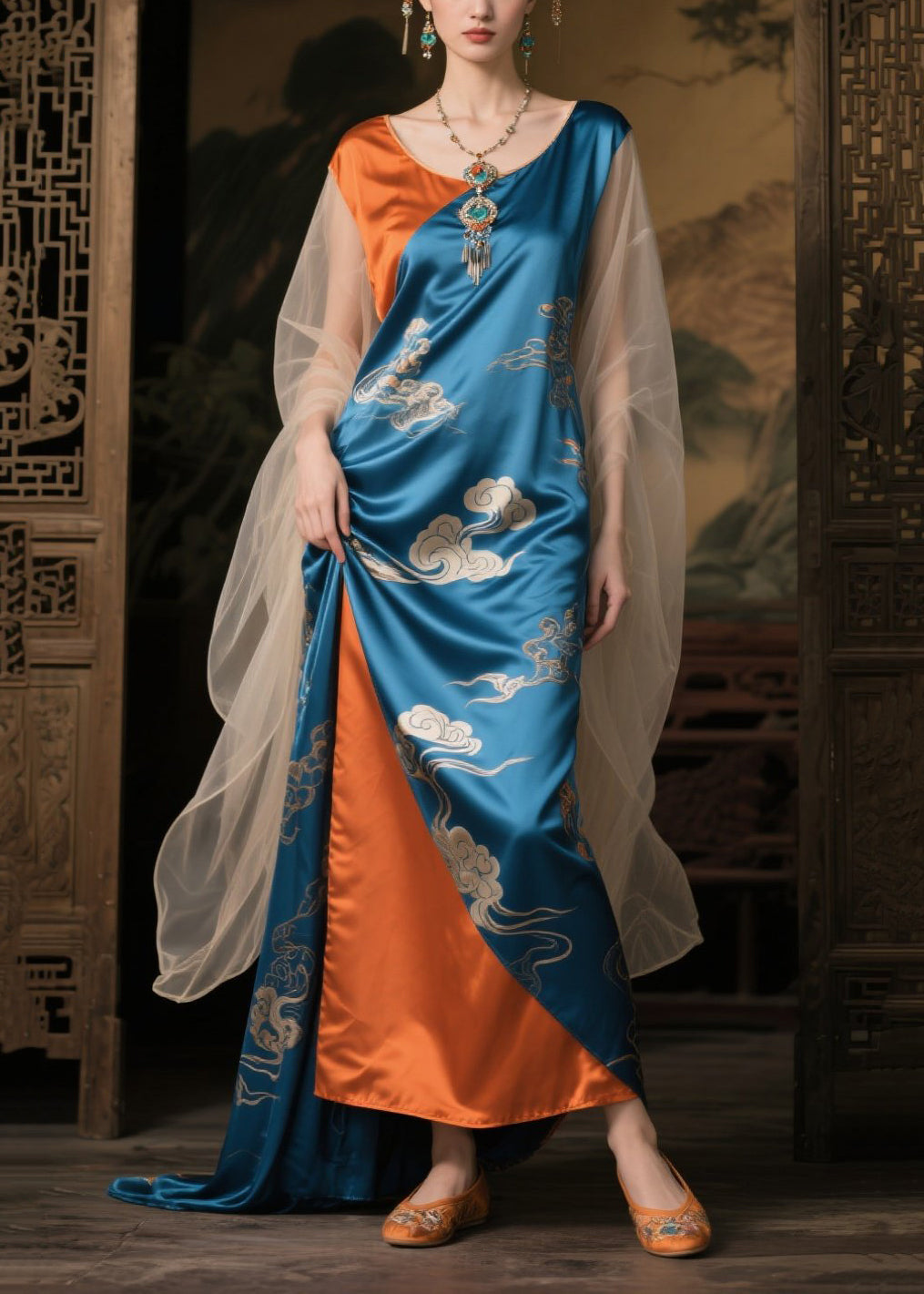 French Colorblock Asymmetrical Patchwork Tulle Silk Maxi Dress Summer