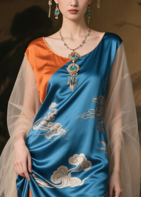French Colorblock Asymmetrical Patchwork Tulle Silk Maxi Dress Summer