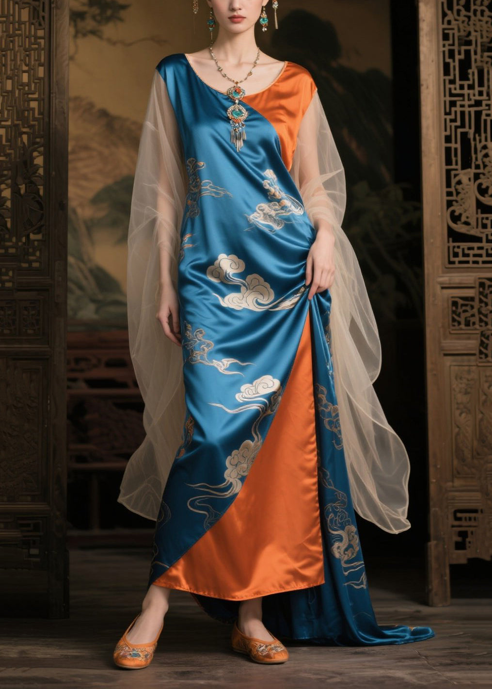 French Colorblock Asymmetrical Patchwork Tulle Silk Maxi Dress Summer