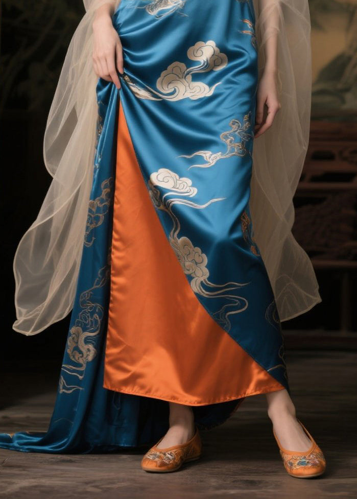 French Colorblock Asymmetrical Patchwork Tulle Silk Maxi Dress Summer