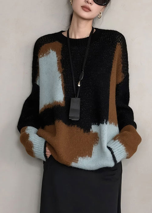 French Colorblock O Neck Cozy Knit Sweater Winter
