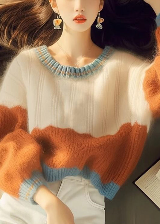 French Colorblock O Neck Thick Knit Short Sweater Winter