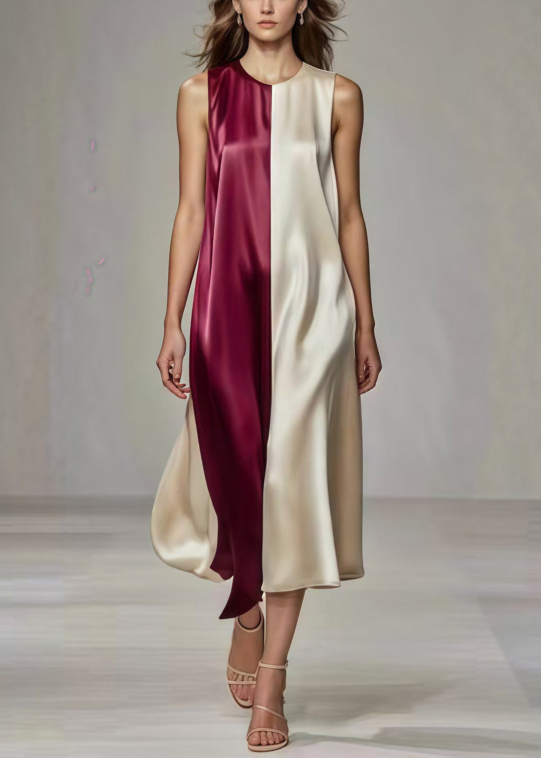 French Colorblock Oversized Patchwork Silk Long Dress Summer
