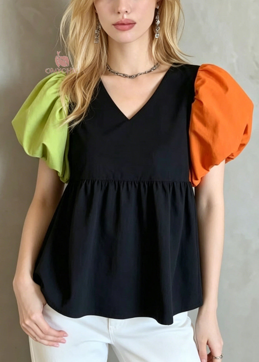 French Colorblock Puff Sleeve Patchwork Cotton Shirt Top