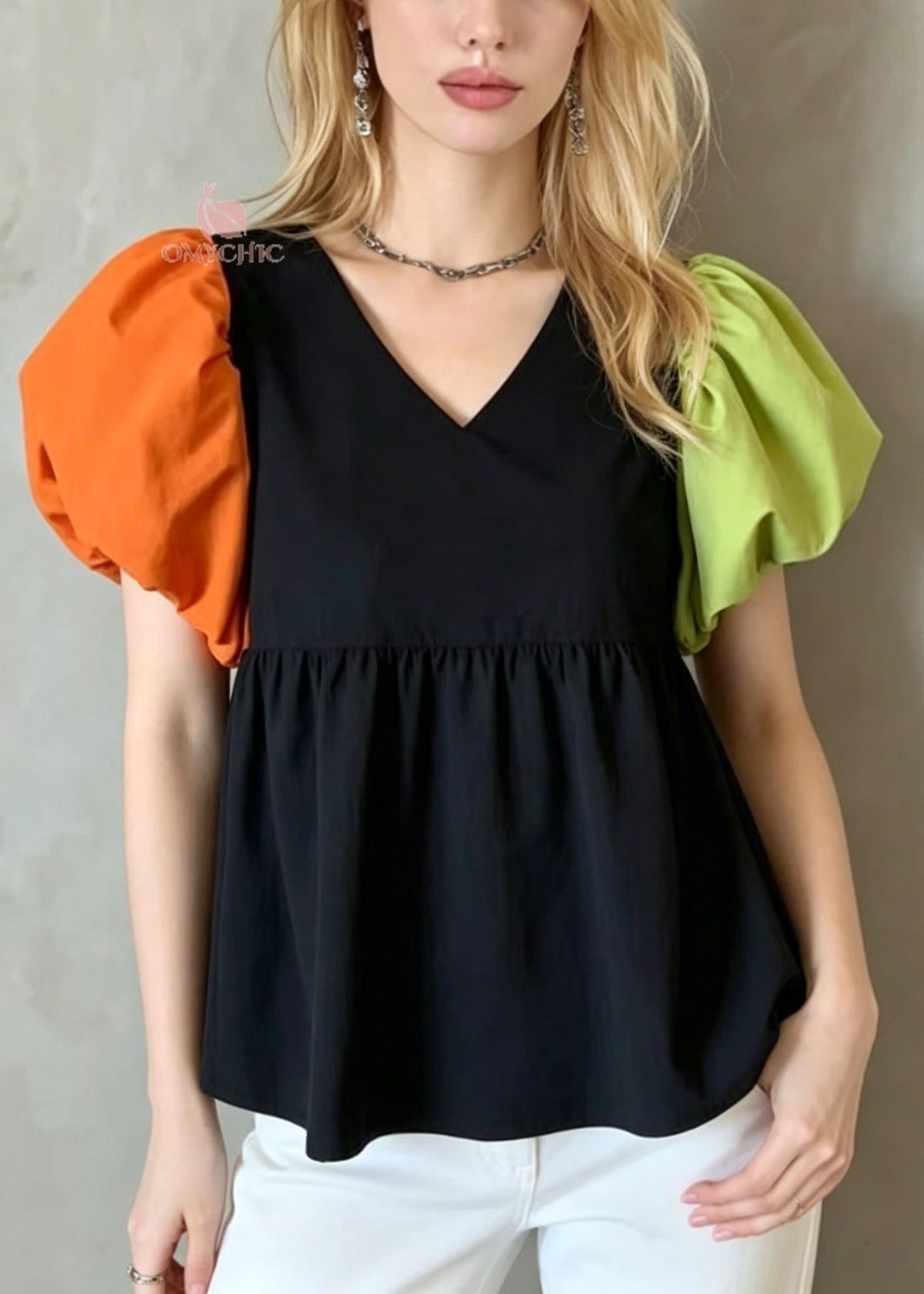 French Colorblock Puff Sleeve Patchwork Cotton Shirt Top