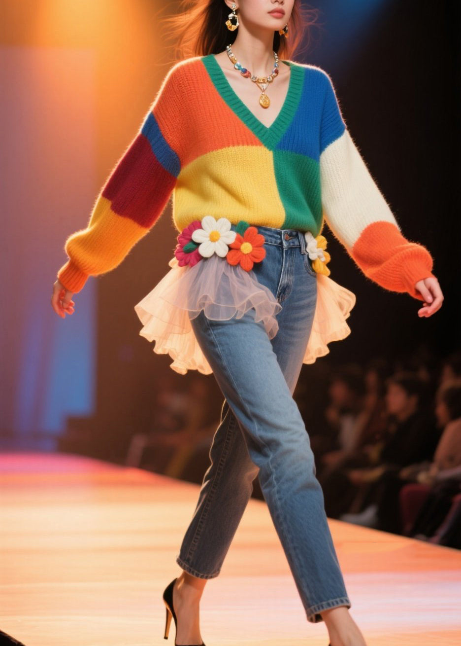 French Colorblock V Neck Loose Knit Pullover Fall