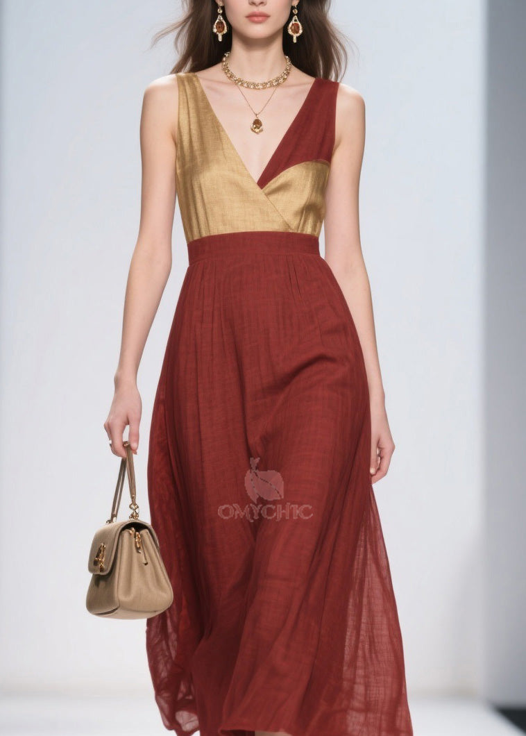French Colorblock V Neck Patchwork Cotton Dresses Sleeveless