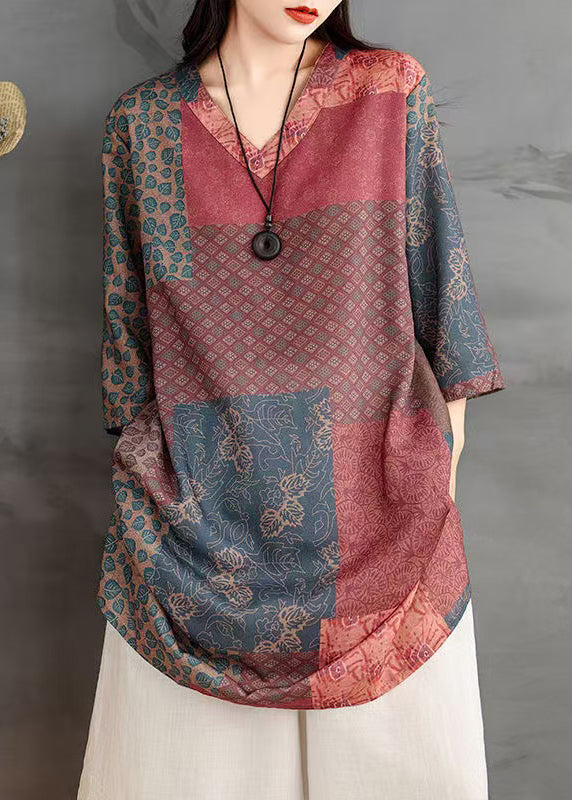 French Colorblock V Neck Print Linen Shirts Bracelet Sleeve