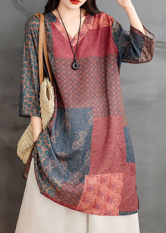 French Colorblock V Neck Print Linen Shirts Bracelet Sleeve